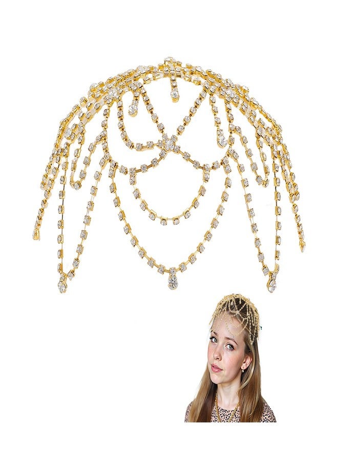 NICENEEDED 1920s Crystal Cap Headpiece, Flower Rhinestone Head Chain Golden Roaring 20s Hair Accessories, Hair Chain Hat for Bridal Cosplay Halloween Decor with 2Pcs Hair Clip - Image 1